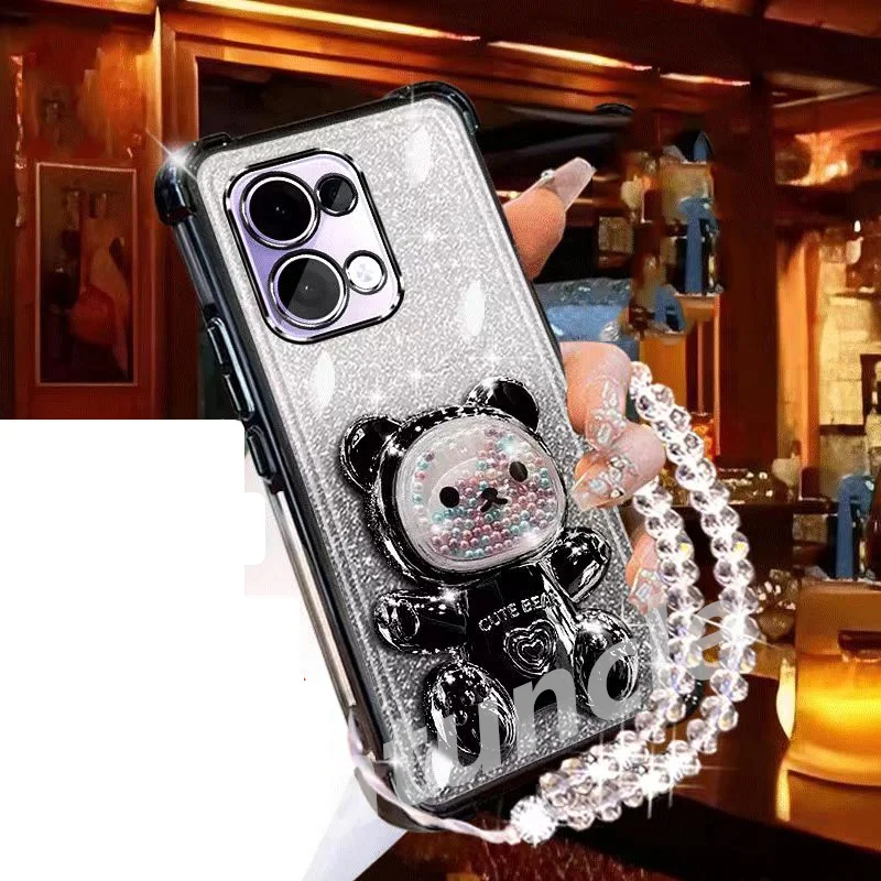 Glitter Bear Bracket Holder Bracelet Case For OPPO Reno16 Reno15 Reno14 F Reno 16 14 15 Pro 16F 14F 15F Lanyard Shockproof Cover