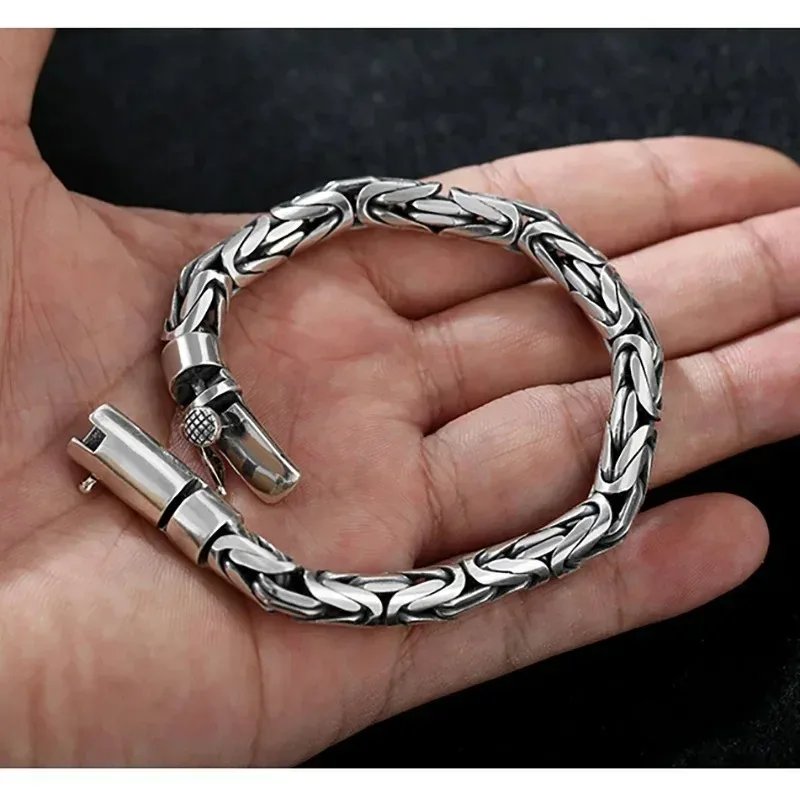 Real 925 Sterling Silver Bracelet For Men Women Vintage Handmade Punk Pure Silver Byzantine Bracelets Link Armband Toggle Buckle