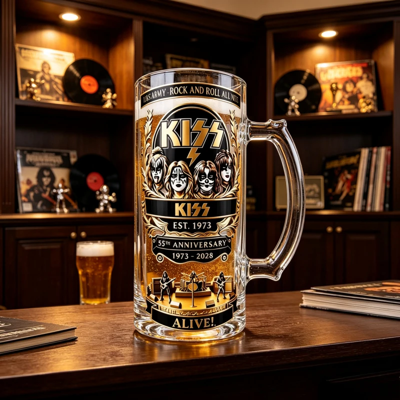 KISS Rock Band Glass Beer Mug 500ml Large Capacity Drinking Cup with Handle Music Fan Home Bar Decoration Gift