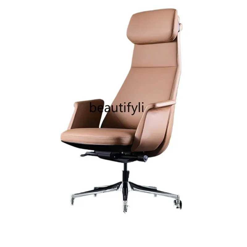 

CItalian light luxury leather boss chair comfortable computer office cowhide large class can lie down president swivel chair