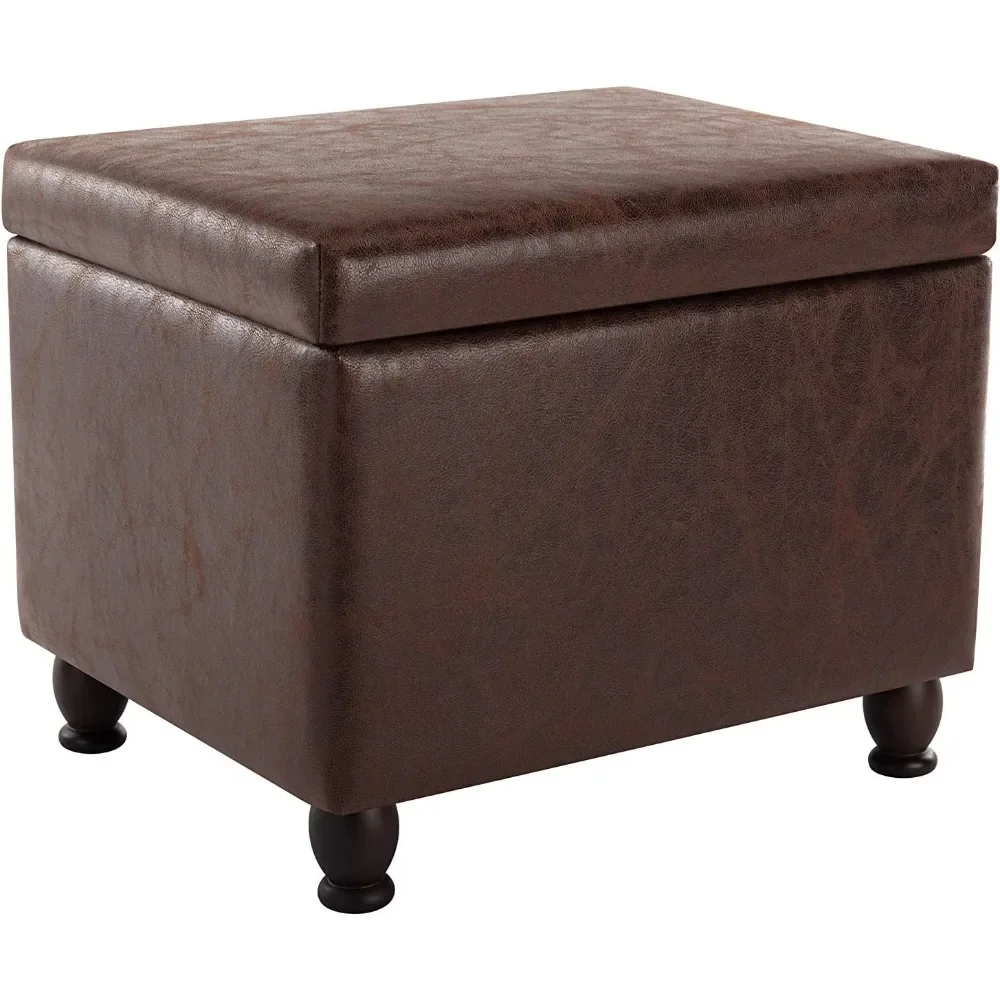 Classic 18-Inch Wide Rectangular Storage Ottoman Footstool with Hinged Lid, Dark Brown Faux Leather