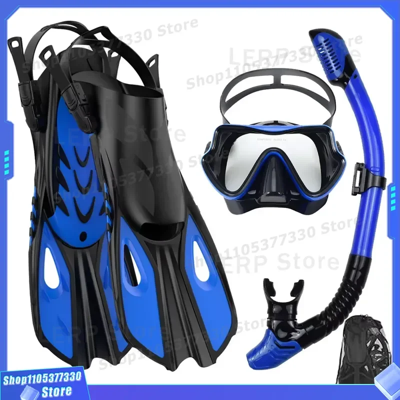 Adult Snorkeling Set with Adjustable Heel Flippers Professional Diving Mask and Snorkel for Freestyle Swimming All Seasons