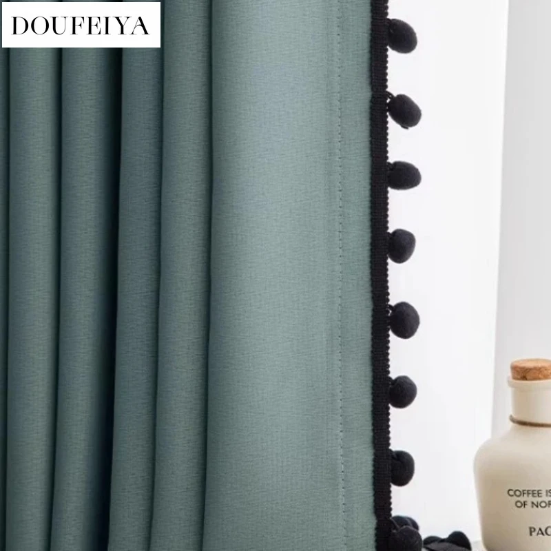 

European White Tulle Norwegian Blue Cotton Linen Lace Ball Simple Custom Size Sheer Curtains for Living Dining Room Bedroom