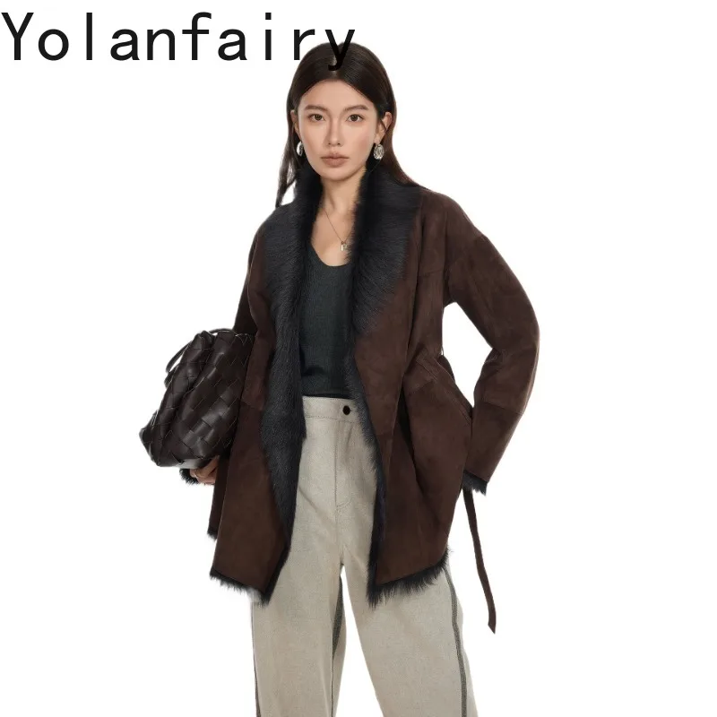 YOLANFAIRY High-end 100% Real Fur Coats Women Luxury Winter Sheepskin Shearling Natural Fur Jacket Turn-down Collar Coat 2026