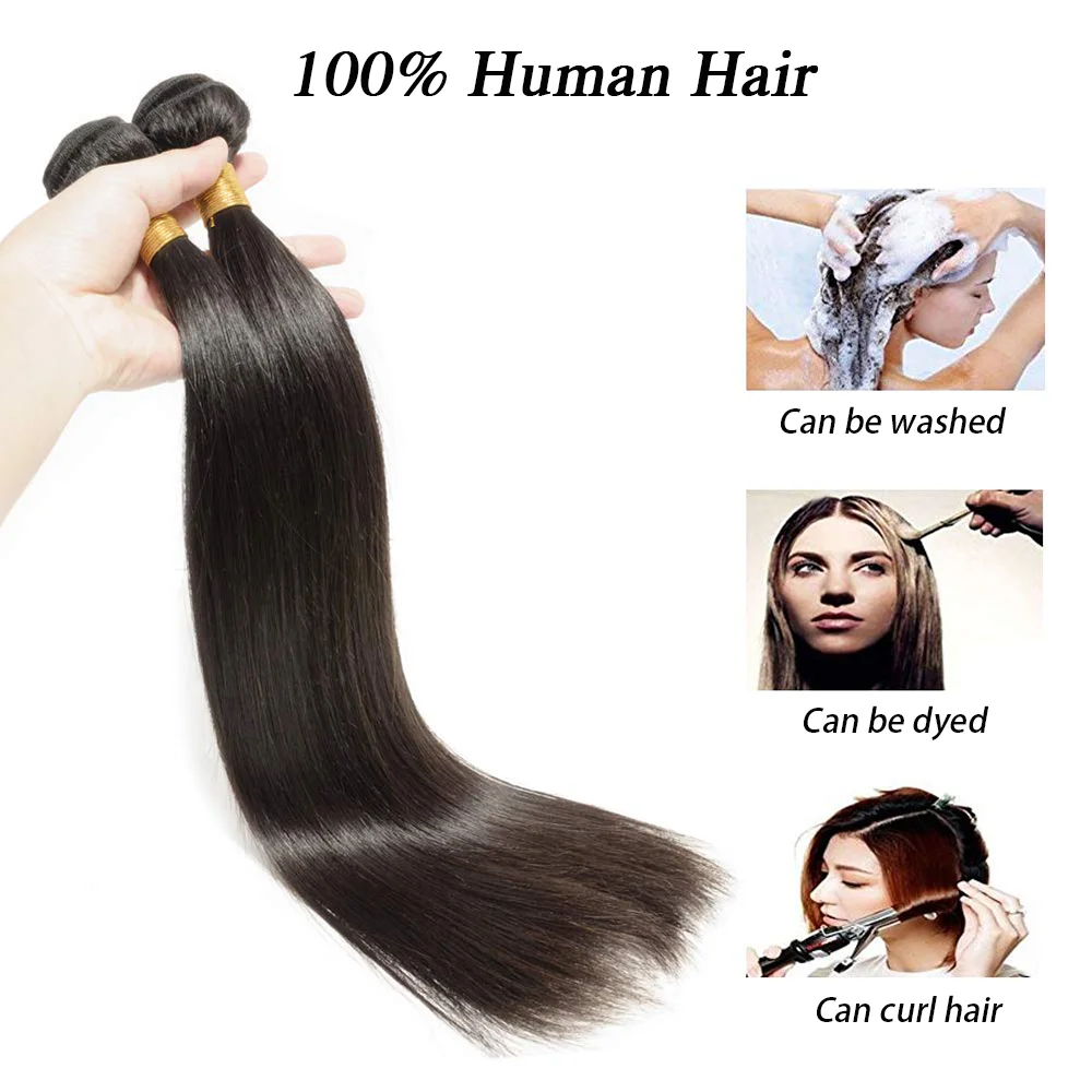 Extensiones de cabello humano virgen brasileño liso, mechones de cabello Natural negro sin procesar, extensiones de trama doble, 20 pulgadas