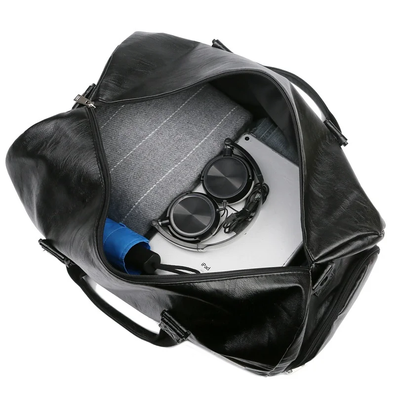 Duffle de viagem de couro PU de grande capacidade Saco impermeável com bolso para sapatos Bagagem de fim de semana Sacola de mão masculina