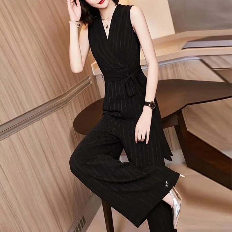 New Women Fashion Black Chiffon High Waisted Wide Leg Jumpsuit 2024 Summer Female Appear Thin Black Striped Wide Leg Jumpsuit