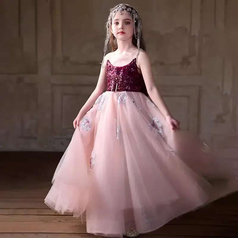 

Elegant Lace Pink Flower Girl Dress Children Crystal For Kids Princess Wedding Pageant Birthday Party Prom Gown