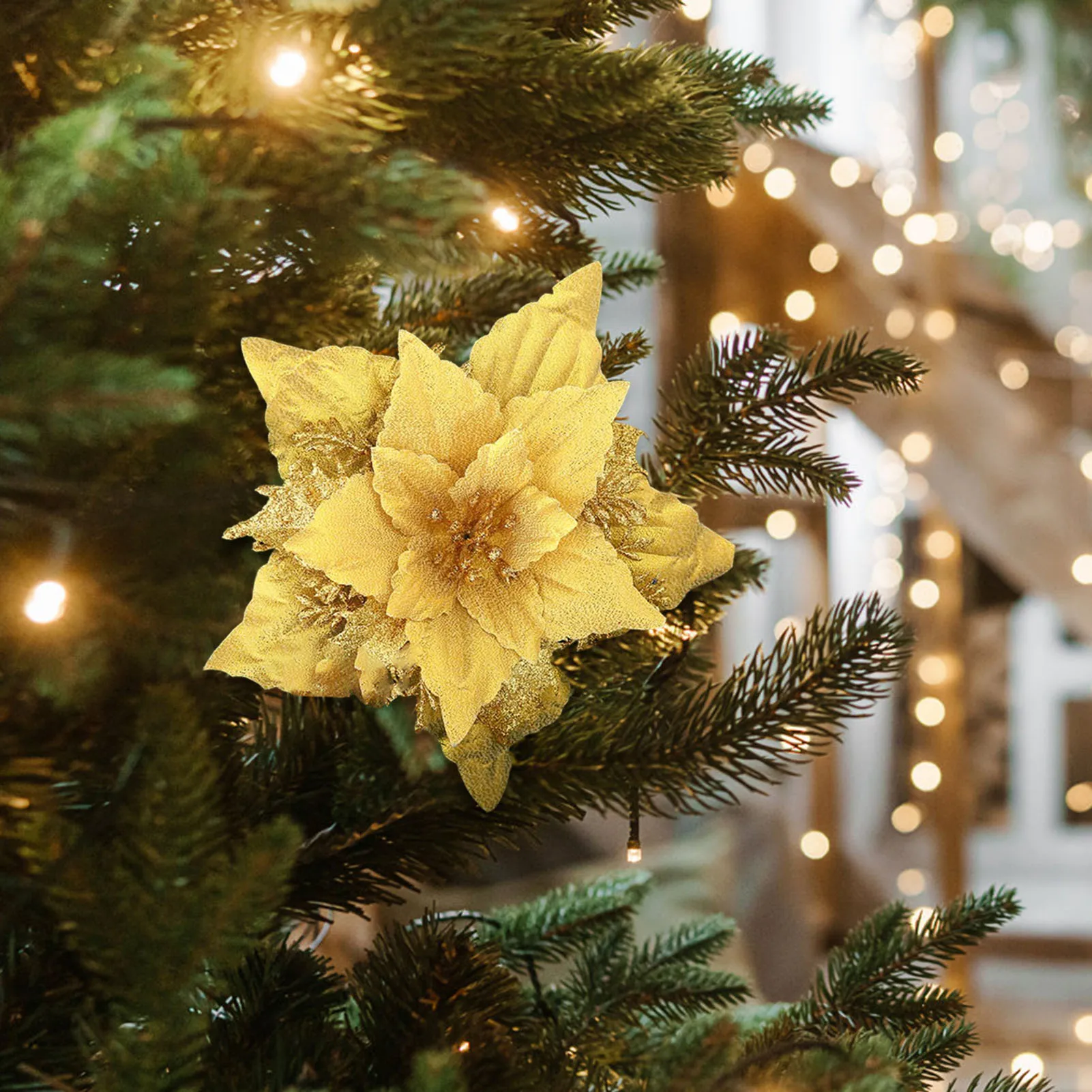 

Golden Christmas Flower 18cm Large Glitter Flower For Xmas Tree Garland Wreath DIY Navidad New Year Party Home Decoration Props