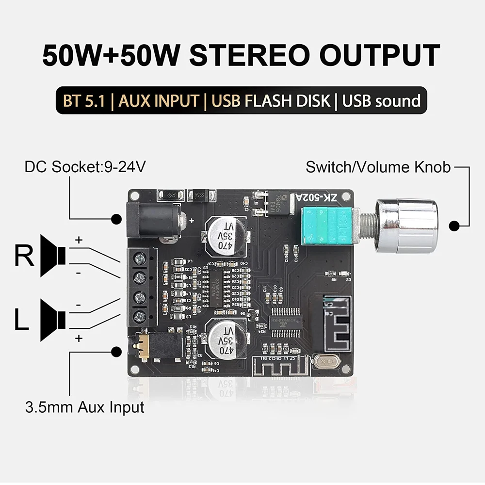 ZK-502L-Amplificador de sonido Digital HIFI, módulo de Audio inalámbrico con Bluetooth, sistema de sonido de cine en casa de alta calidad 50W * 2