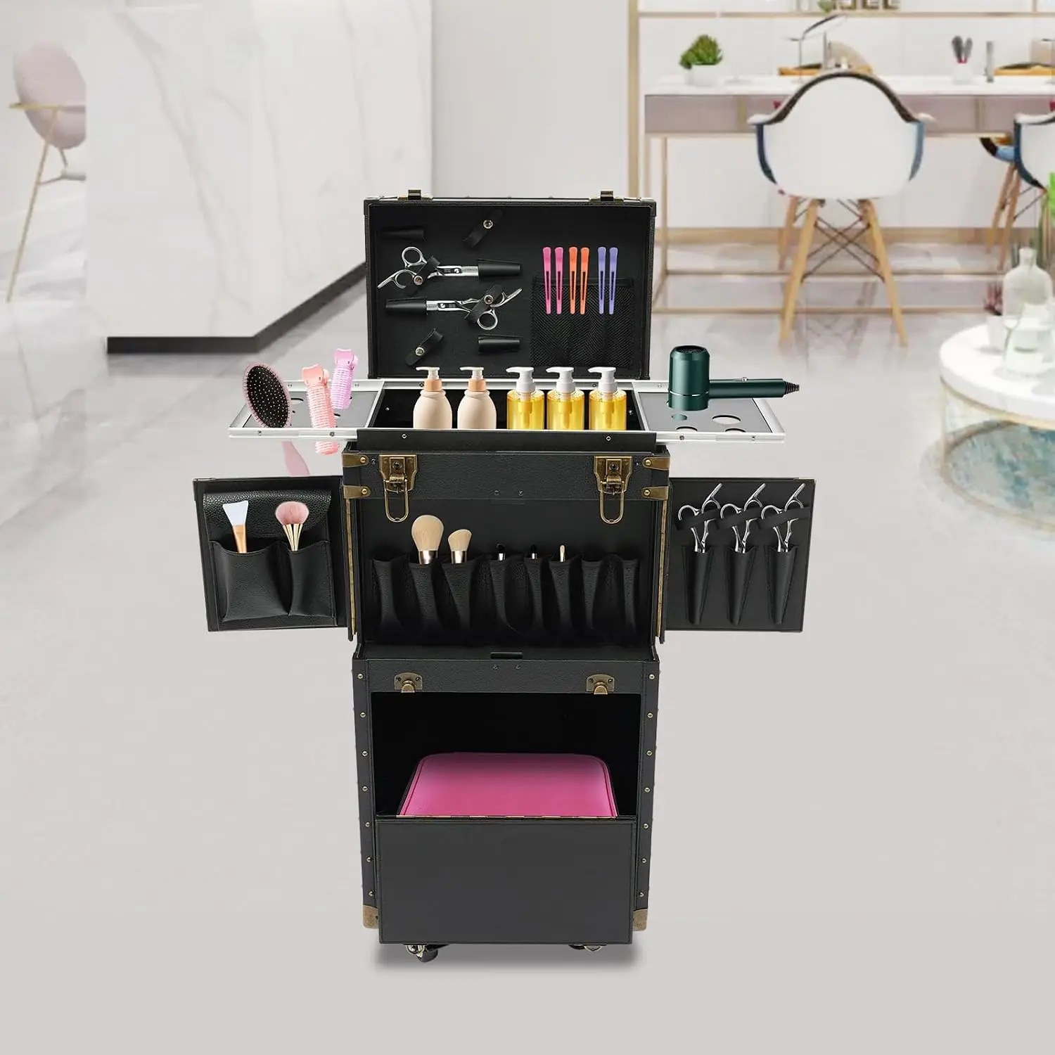 Rolling Lockable Makeup Train Case, Hair Stylist Travel Case with Hairdryer Holder, Salon Cosmetic Luggage Travel Organizer