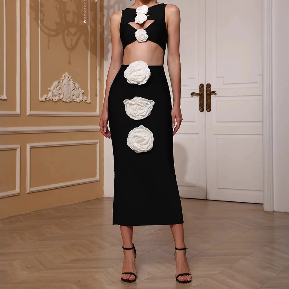 

Sexy Bare Waist Hollow Three-Dimensional White Flower Decorated Dress Bandage Skirt Party Dinner Evening Dress-GZXX877