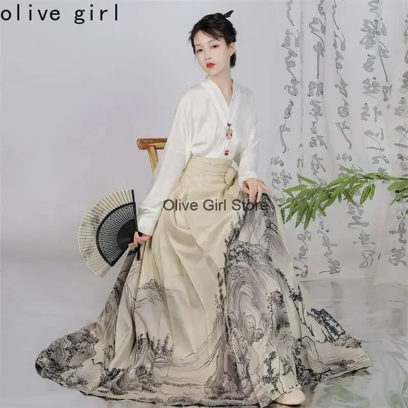 Maniche per aereo Gonne con faccia di cavallo Set di abiti tradizionali cinesi Hanfu Ricamo Matrimonio Quotidiano Stile Ming Cosplay Office Lady