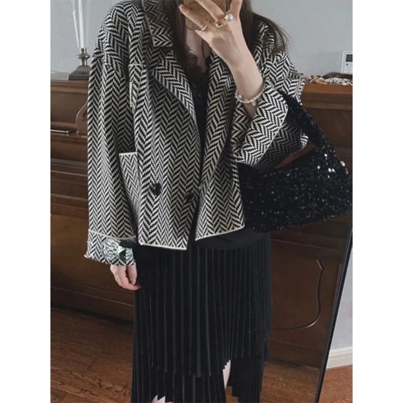 MEXZT Striped Knitted Cardigan Sweater Women Vintage Bird Lattice Cropped Jackets Korean Elegant Oversized Casual Jumpers Coat