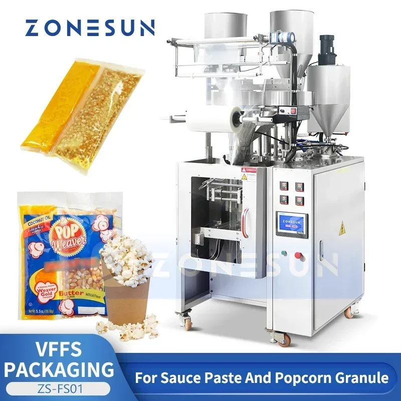 ZONESUN VFFS Confezionatrice Forma verticale Riempimento Sigillo Popcorn Porzioni Confezioni Kit sale olio Attrezzatura da imballaggio ZS-FS01