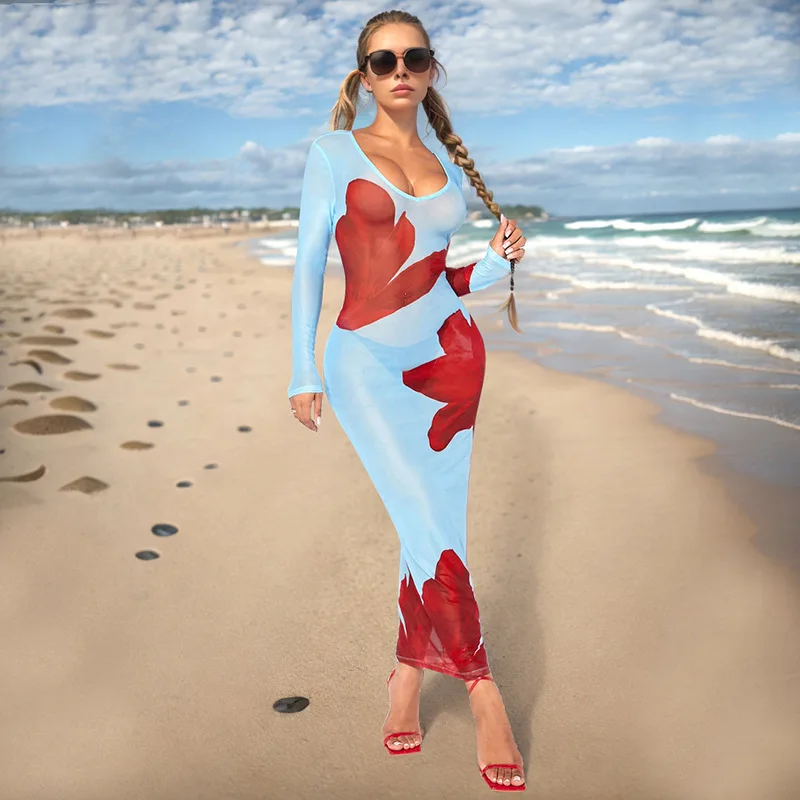 

Swimwear Cover Up Women Beach Outing 2024 Outfits Kaftan Bath Exits Woman Tunic Suit Sexy Mesh Perspective Deep V Long Sleeve