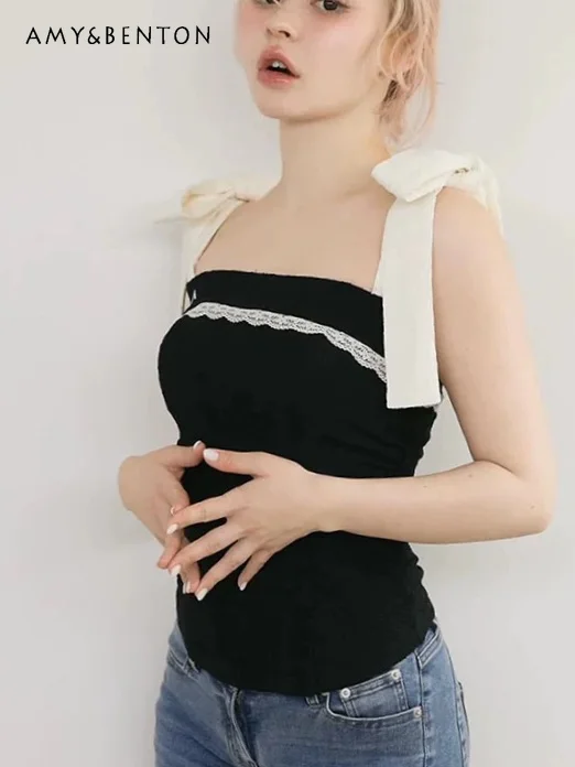 

Japanese Sweet Slim Jacquard Knitted Elastic Bow Lace-up Vest Top Women Trendy Splicing Color Versatile Sexy Tank Top Female