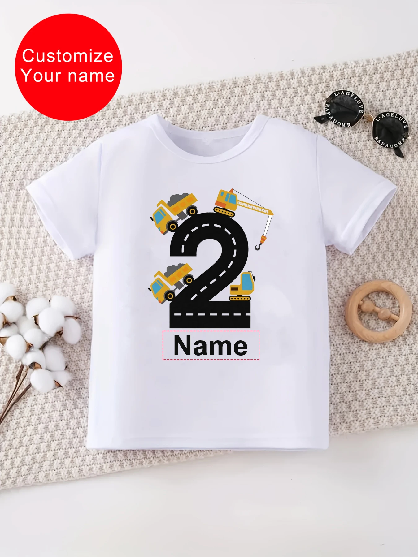 Customize Your Name 2nd/3rd Birthday Excavators And Bulldozers Printed T Shirt Boys Kids Clothes Summer Short Sleeve T-Shirt