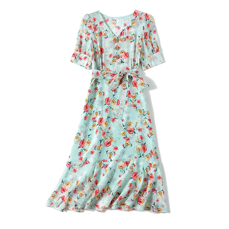 

100% Silk Dresses Women Elegant High Quality Floral Printed V Neck Short Sleeve Pullover Dress Summer