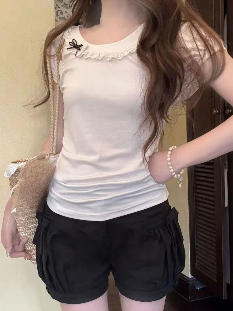 Shorts Women Sweet High Waist Summer Fashion Bow Pockets Elegant Vintage Loose Chic Female Casual Shorts Preppy Style
