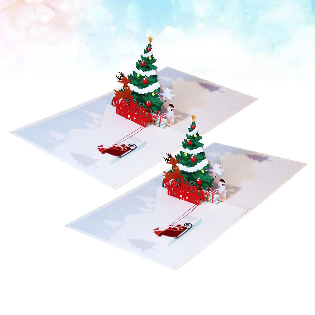 

2pcs Christmas Tree Deer Greeting Cards 3D Paper Blessing Party Invitation Gift Family Friends Employees Christmas Anniversary
