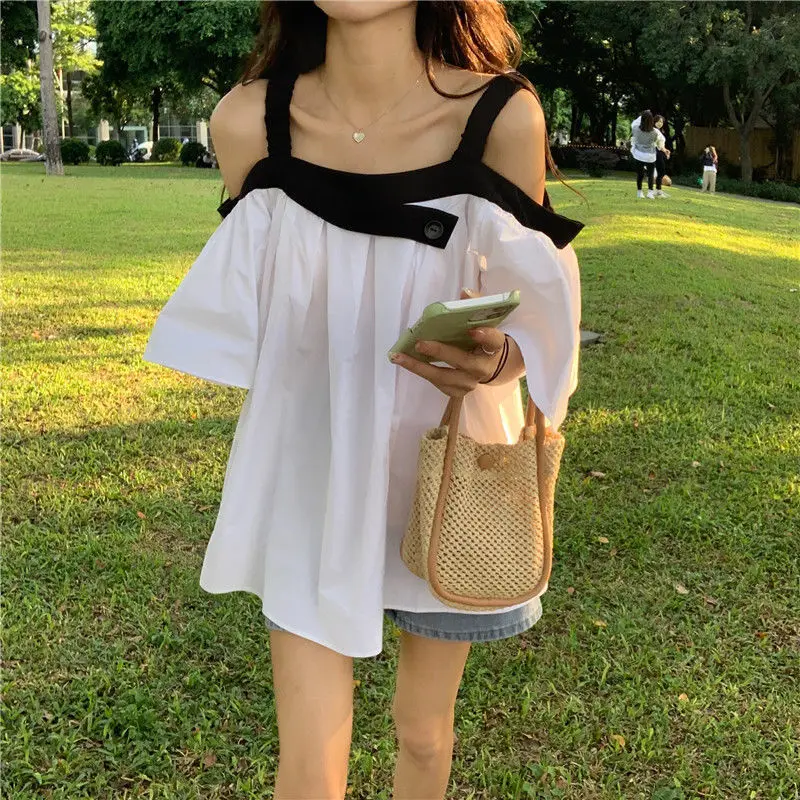 Spaghetti Strap Blouses Women Loose Sweet Girl Korean Style Ins Off Shoulder Young Fashion Simple All-match Irregular Tender New