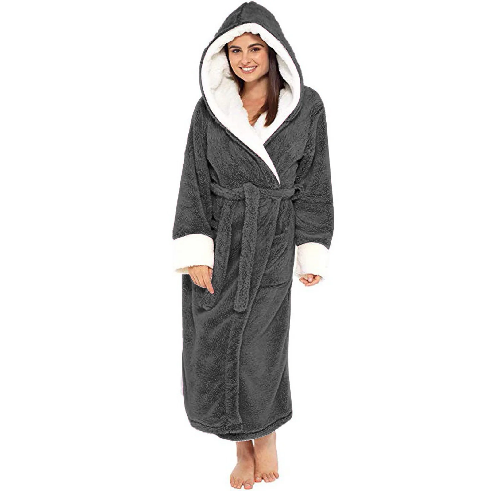 Winter Warm Flannel Bathrobe Female Hooded Loose Thermal Long Bath Robe Kimono Dressing Gown Sleepwear Lingerie Homewear