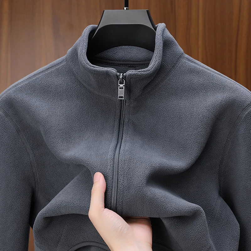 Men's Outdoor Polar Fleece Jacket Long Sleeve Autumn Winter New Collection Warm Leisure Stand Collar Cardigan Solid Color Jacket