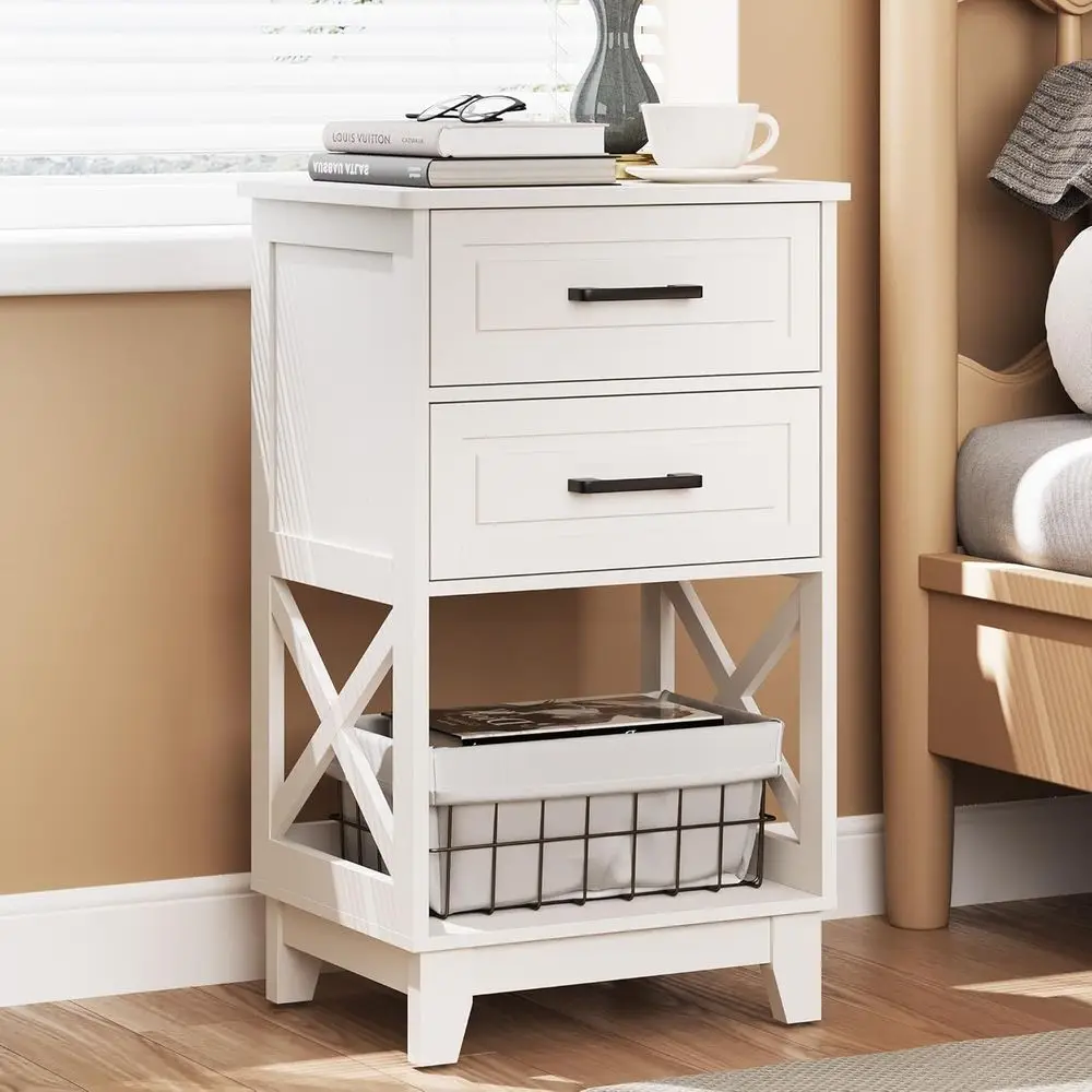 

30 Tall White Nightstand with 2 Drawers and Open Shelf for Bedroom or Home Office