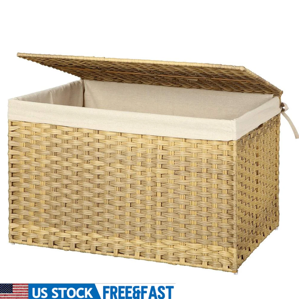 Storage Basket with Lid 42.3 Gallon 160L Storage Bin Woven Blanket Storage Basket with Handles Foldable Removable Liner Metal