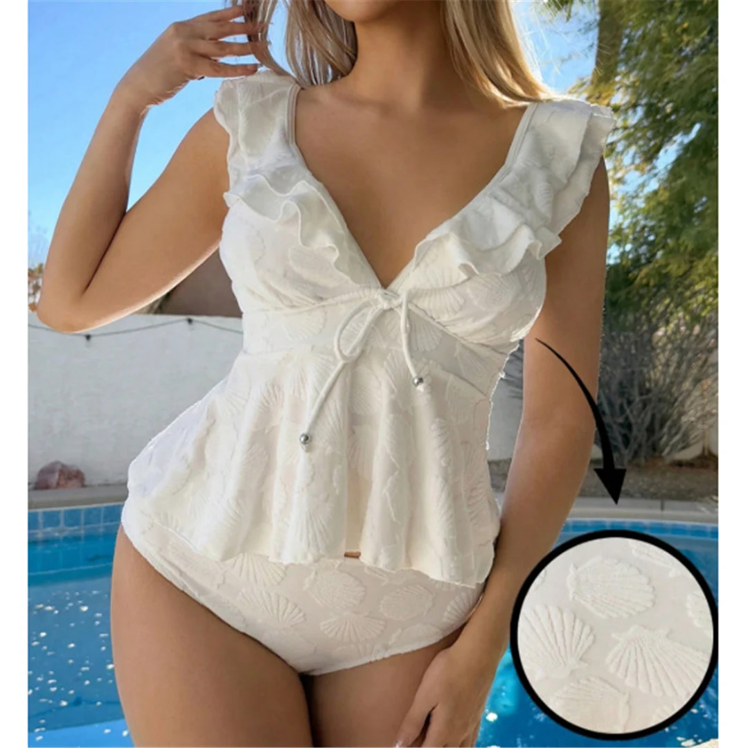 XS - L 2026 V-Ausschnitt, Rüschen, hoch geschnittene Taille, Bikini, Damen-Badeanzug, zweiteiliges Bikini-Set, Badebekleidung, Badeanzug, V6750 – Detail 2
