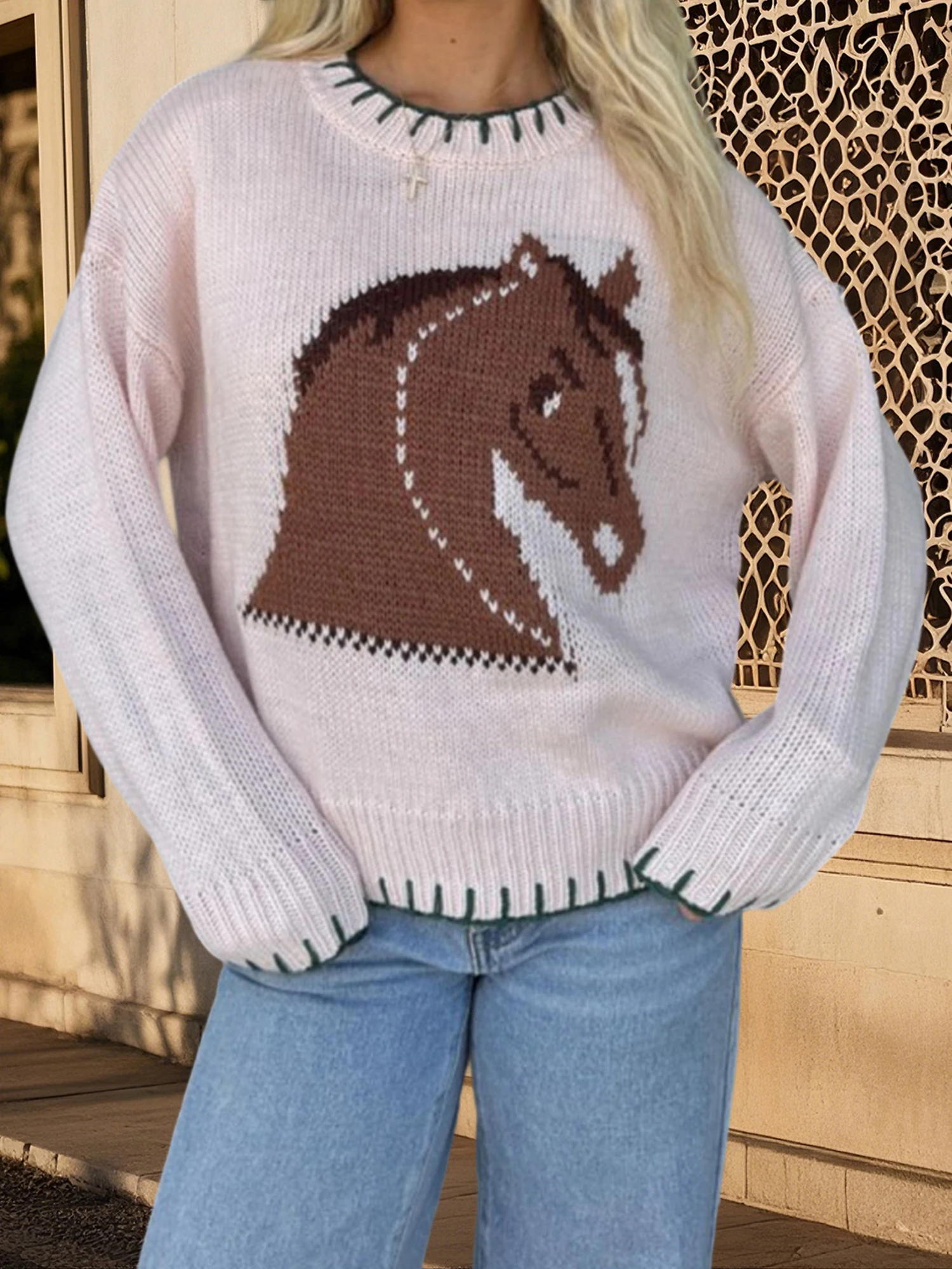 

Women s Cozy Crew Neck Sweaters Stylish Horse Print Pullover Soft Knitwear for Autumn Fashionable Street Style