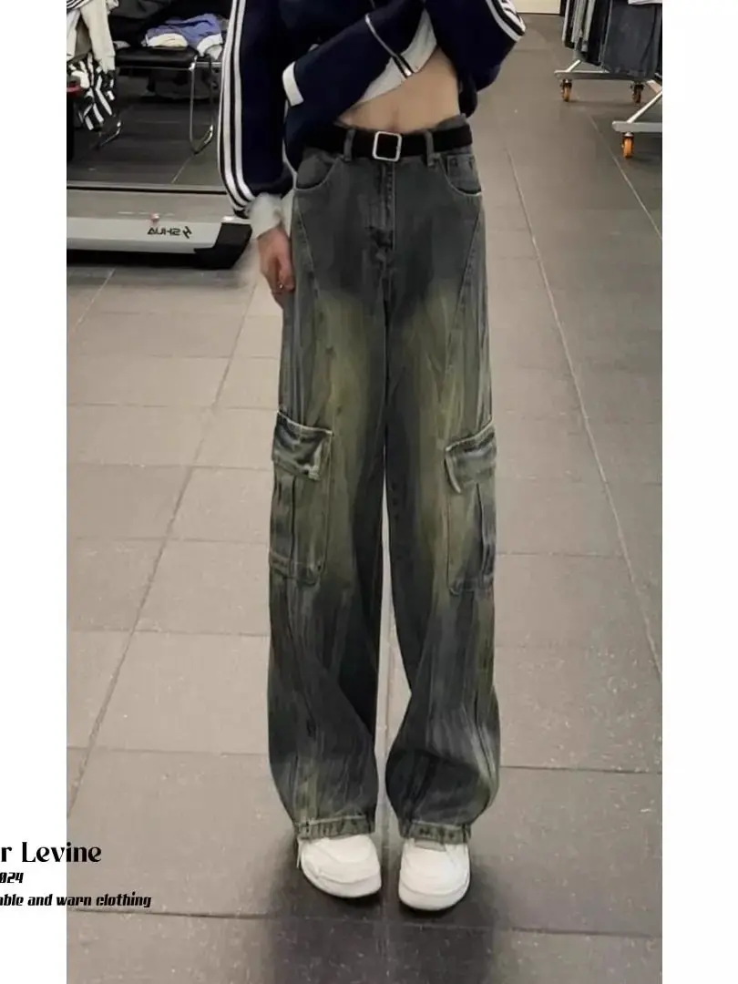 Retro American Workwear Jeans Men's Fashion Autumn Winter Multi-Pocket Design High Street Straight Leg Long Pants