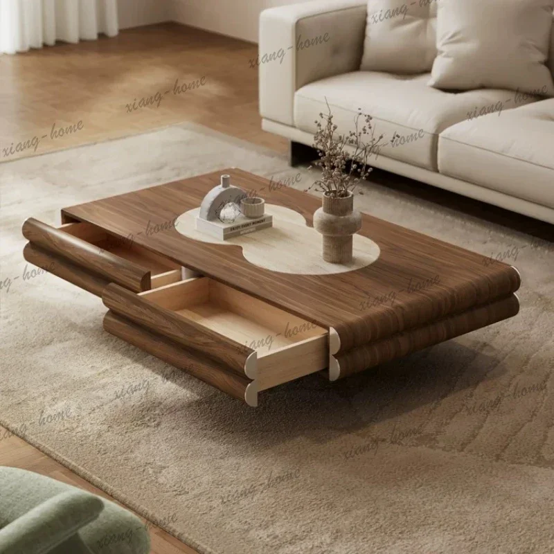 PG Mid-Century Modern Coffee Table with Walnut Wood Veneer, Travertine Inlay and Built-In Drawers for Small Living Rooms