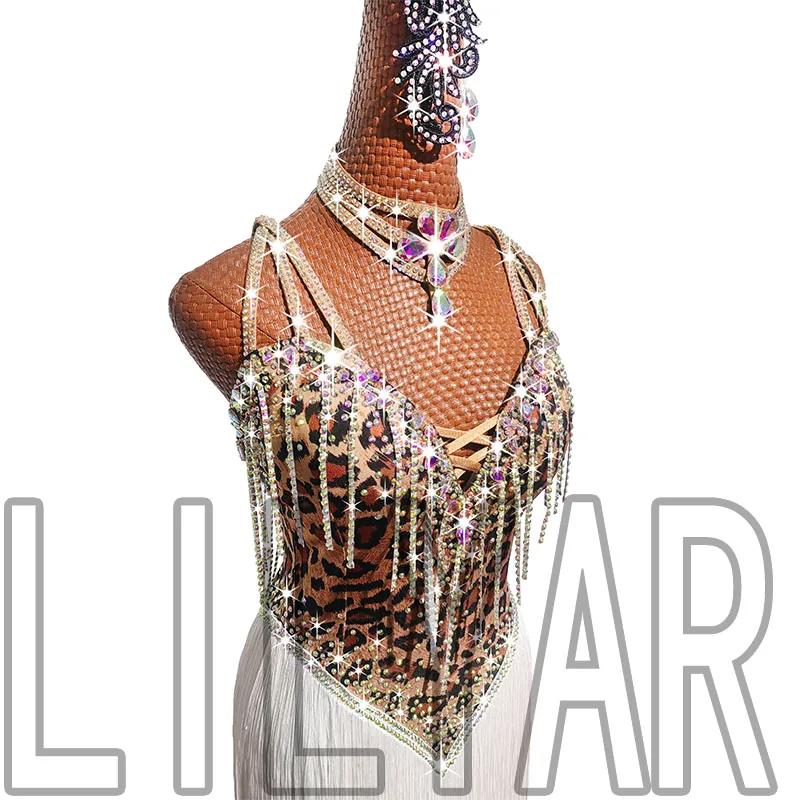 New Latin Dance Competition Performance Art Exam Adult Female Leopard Pattern Sparkling Diamond White Tassel Sexy High end Dance