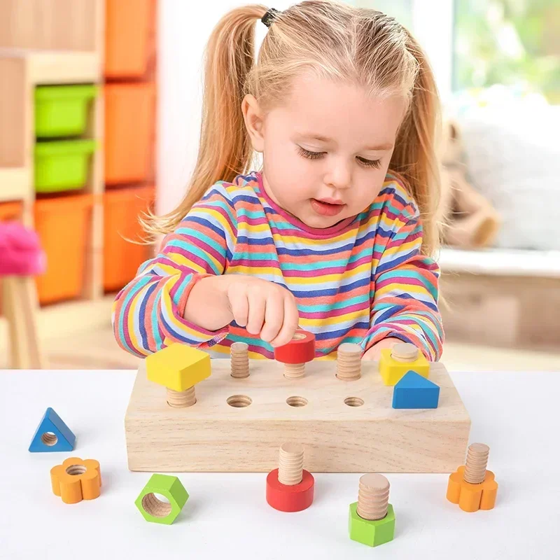 Education Sensory Toy Nut Bolts Montessori Color Shape Wooden Toy Kids Fine Motor Skill Screw Board Size Matching Cognition Game