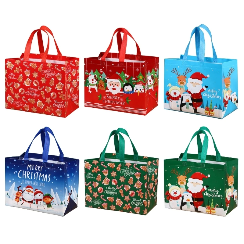 Christmas Tote Bag with Handle Large Gift Bag Reusable Non-Woven Grocery Shopping Tote Santa Claus Snowman- Cartoon Bag A0KF