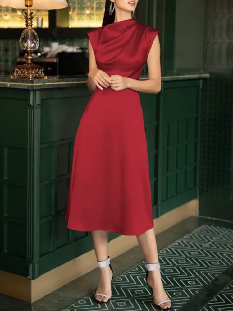 Freeacy Vestido midi elegante de satén burdeos para mujer, drapeado, cuello vuelto, sin mangas, silueta ajustada, vestido formal para cena y cita