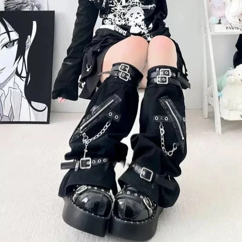

Dark Series Denim Wide Leg Sock Covers Japanese Subculture Punk Chain Jk Calf Trumpet Gothic Leg Warmer Y2k Harajuku Leg Warmers
