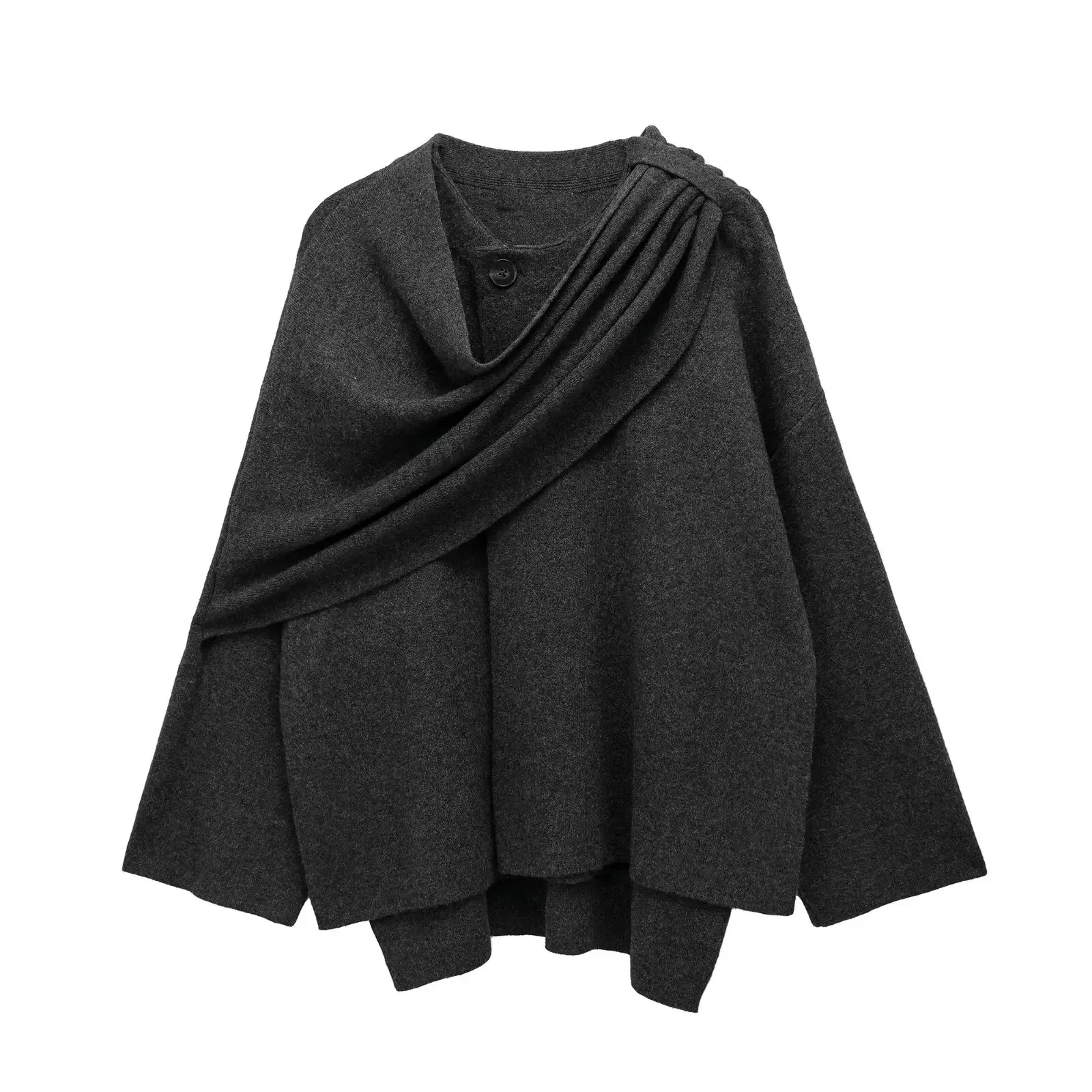 Women's new Fashion Pleated scarf decoration loose asymmetric knitted Coat retro long sleeved button up women's Coat chic top