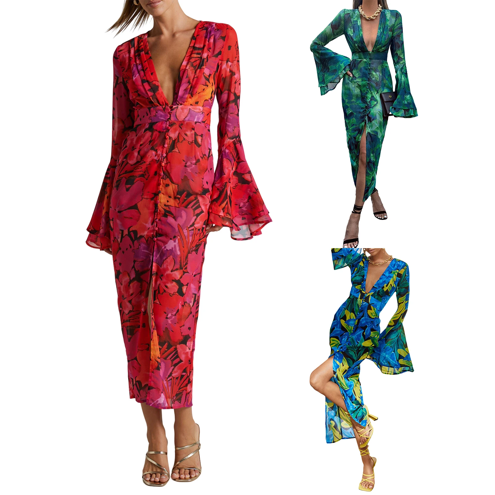 

Women Elegant Long Bodycon Dress Fashion Print Deep V-Neck Flare Long Sleeve Buttons Dress High Slit Beach Holiday Skinny Dress