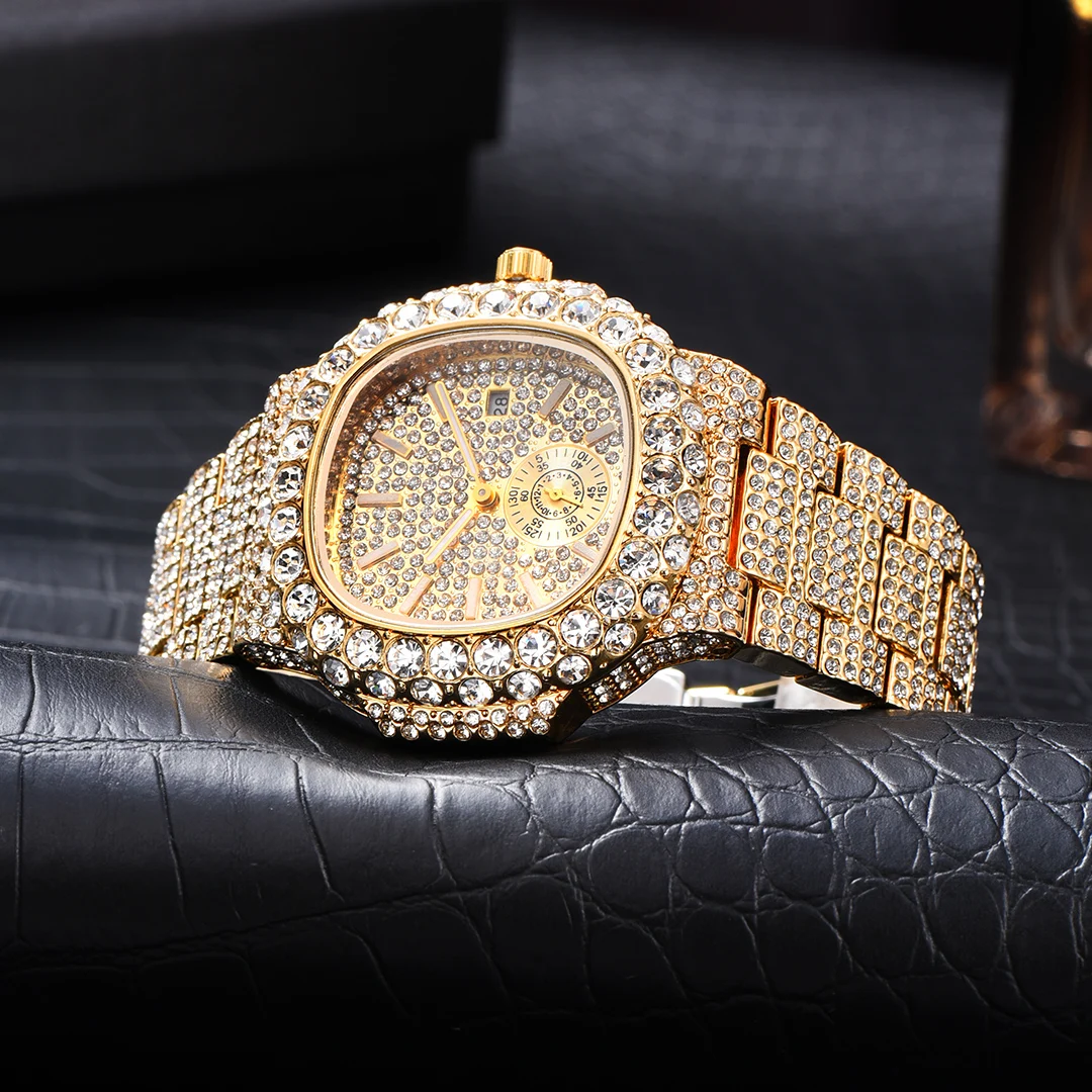 MISSFOX Iced Out Watch For Men Luxury Fashion Gold Quartz Watches Hip Hop High Quality Waterproof Male Daimond Clock New Gift