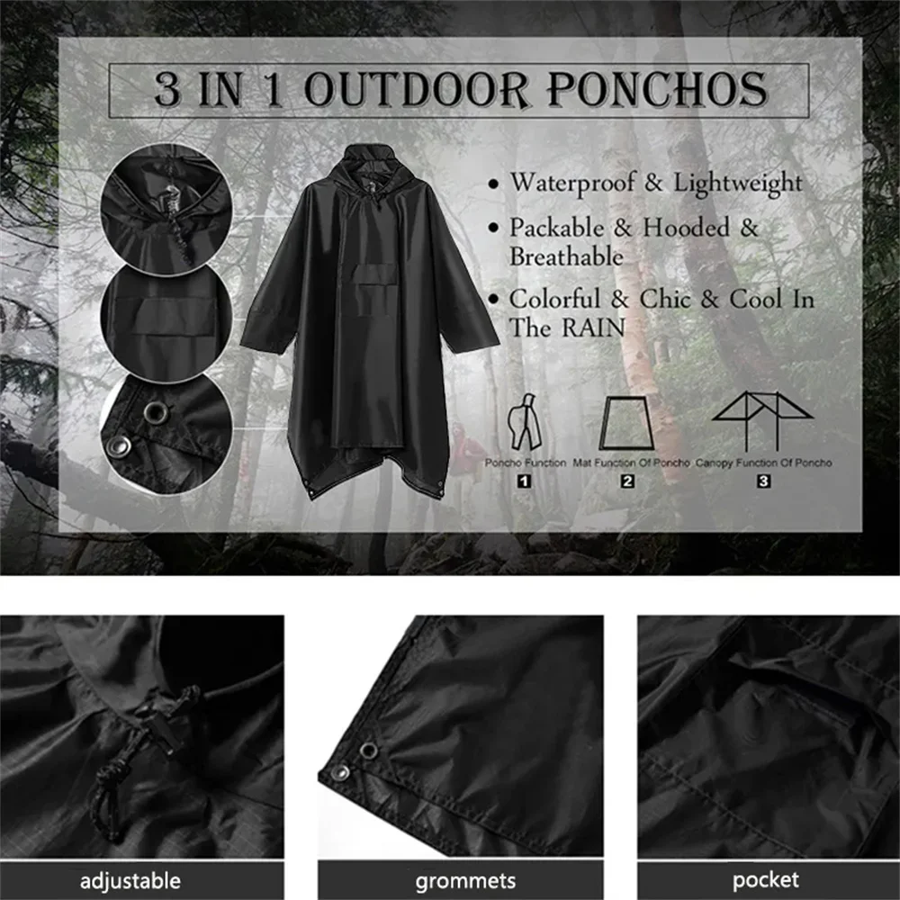 3 In 1 Outdoor Military Raincoat Hooded Sleeve Waterproof Rain Poncho Motorcycle Rain Cover Camping Hiking Travel Rainwear Tent