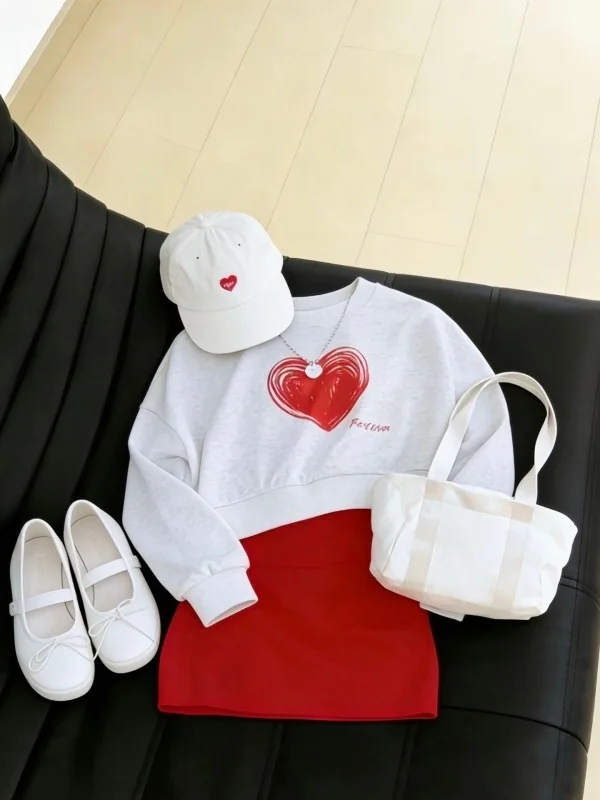 

Girls' Summer 2026 Batwing Sleeve Heart Print Hoodie Short Style Fashionable Korean Style Children's Clothing Set