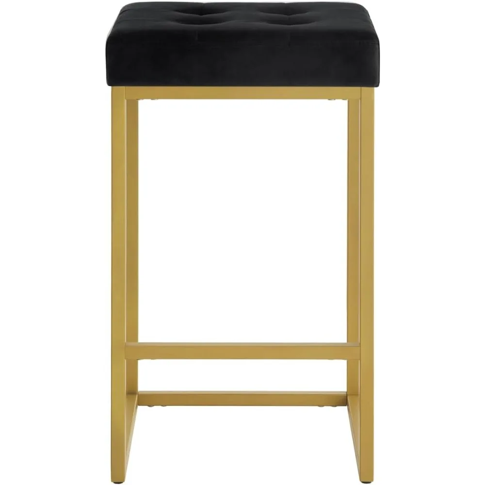 Bancos de bar contemporâneos acolchoados em veludo dourado 24K, conjunto de 2, 26 altos para ilha de cozinha, preto