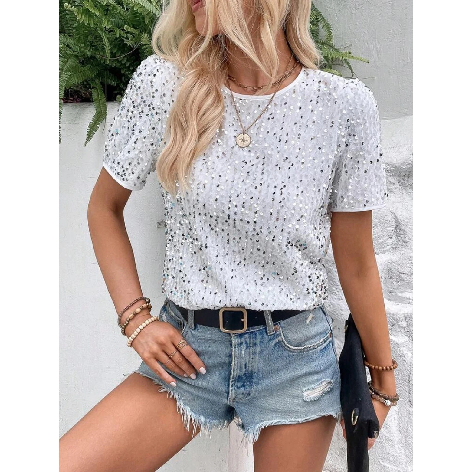 Damska koszulka z cekinami, luźna, okrągły dekolt, do pracy, wygodna, oddychająca, casualowa, modna bluzka.