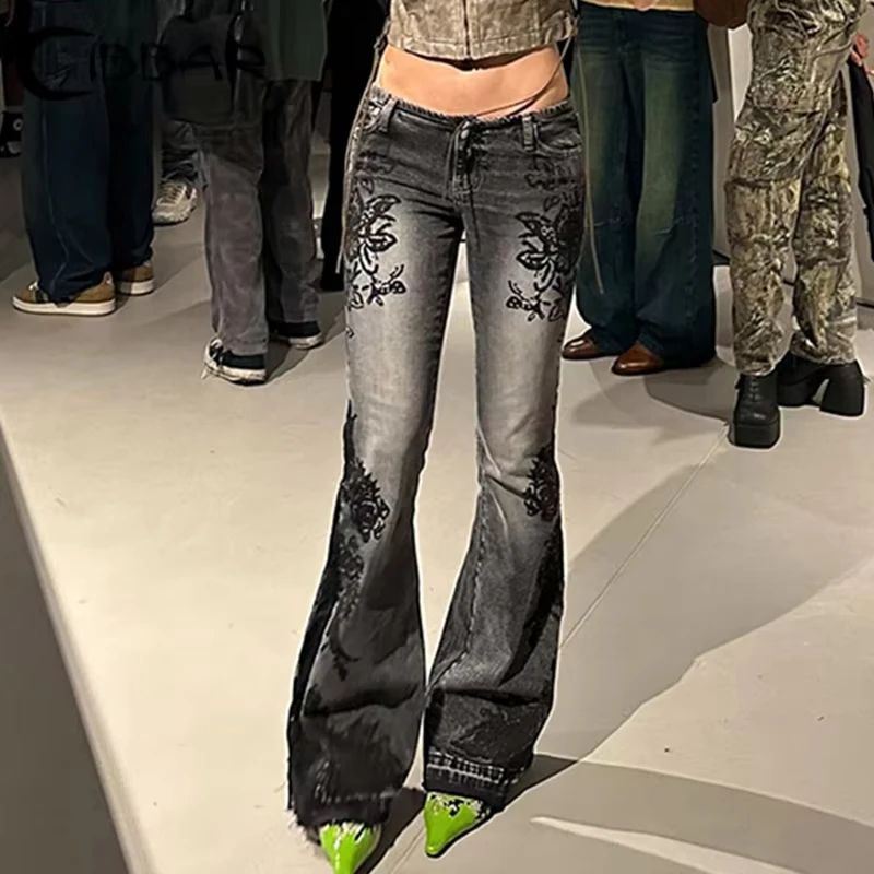 

Streetwear y2k Flare Jeans Distressed 2000s Floral Print Low Rise Slim Denim Pants Korean Women Trousers Retro Mom Jeans