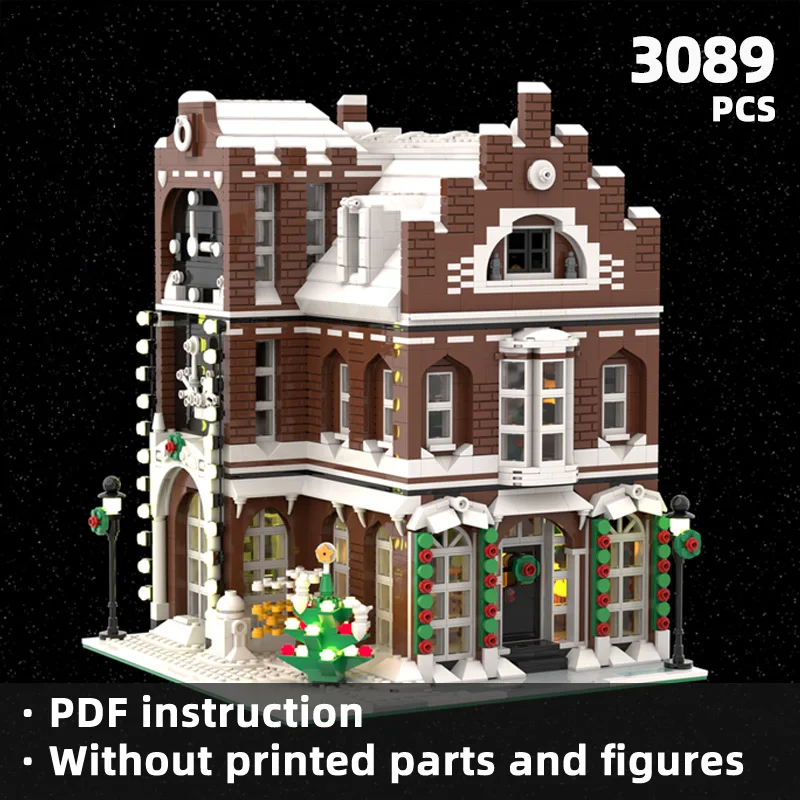 Retro multi storey red brick building with Christmas atmosphere in winter creates a warm cozy atmosphere for the winter festival