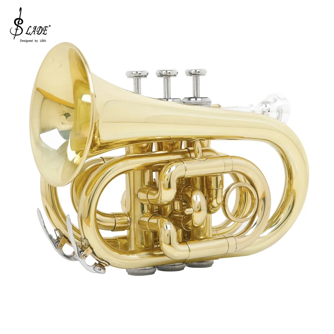 SLADE Pocket Trumpet Bb Tune Gold Brass Body Mini Cornet Brass Instrument with Strap Glove Wipe Cloth Rope Brush Accessories view 3