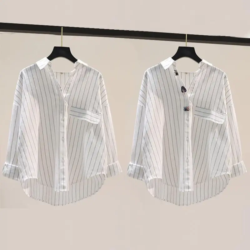 Spring Summer New Vertical Stripe Long Sleeved Pure Cotton Shirt for Women\'s Loose Slimming Casual Versatile Korean Edition Top